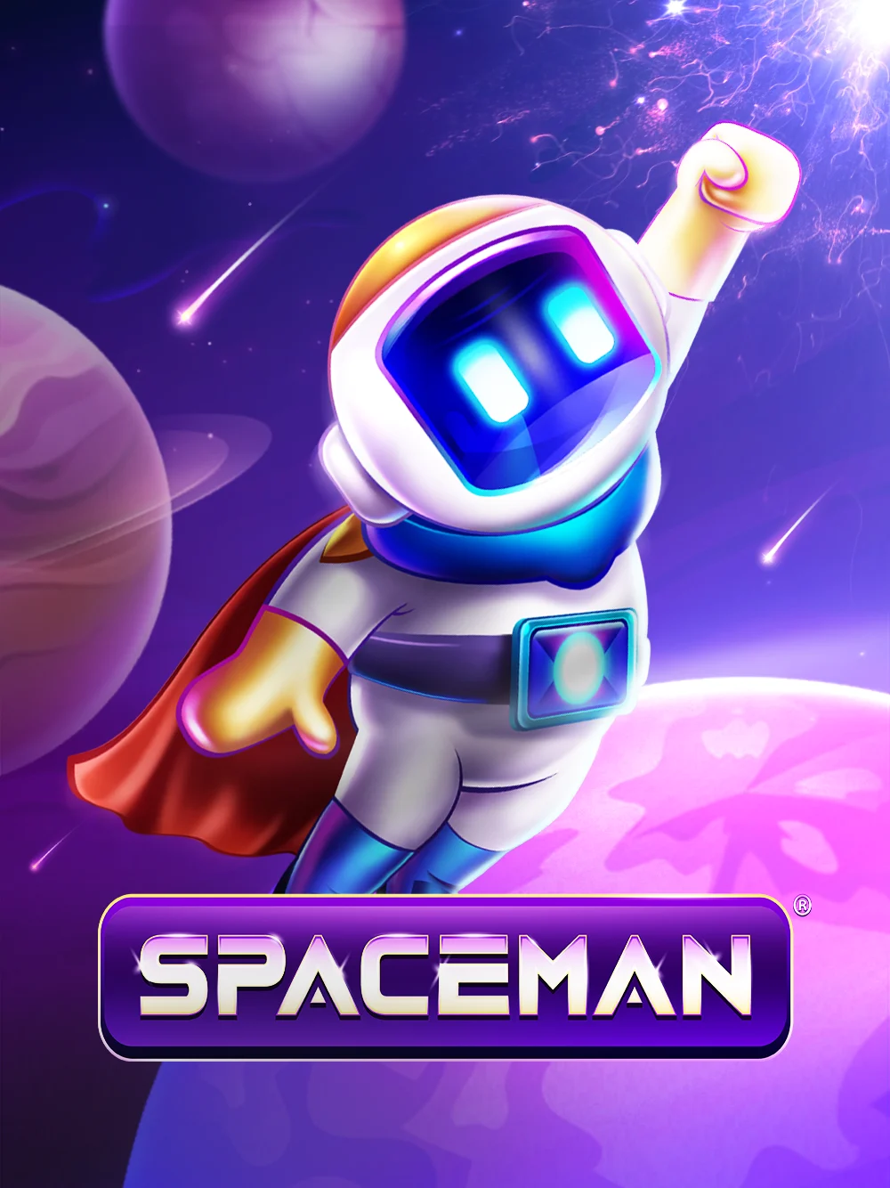 Tarjeta espacial con personaje flotante y estilo crash.